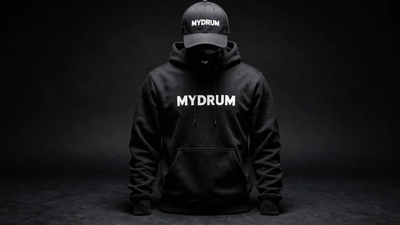 High-contrast product shot of a MYDRUM branded hoodie and cap, mo