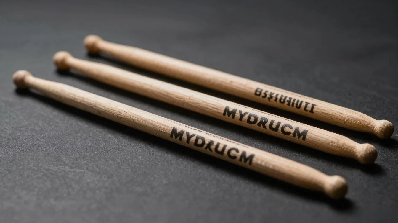 Dynamic close-up of MYDRUM drumsticks on a dark neutral surface,
