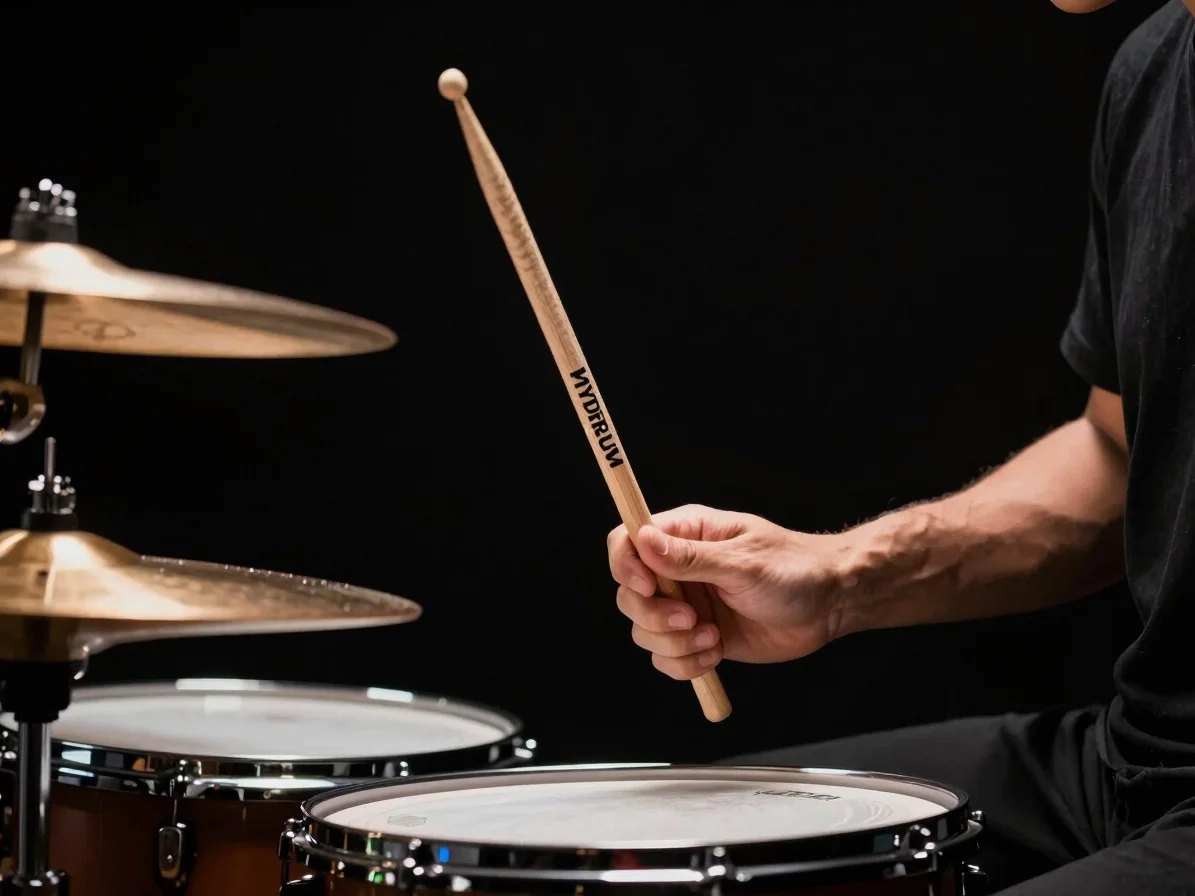 Close-up of a drummer's hands holding MYDRUM drumsticks mid-perfo