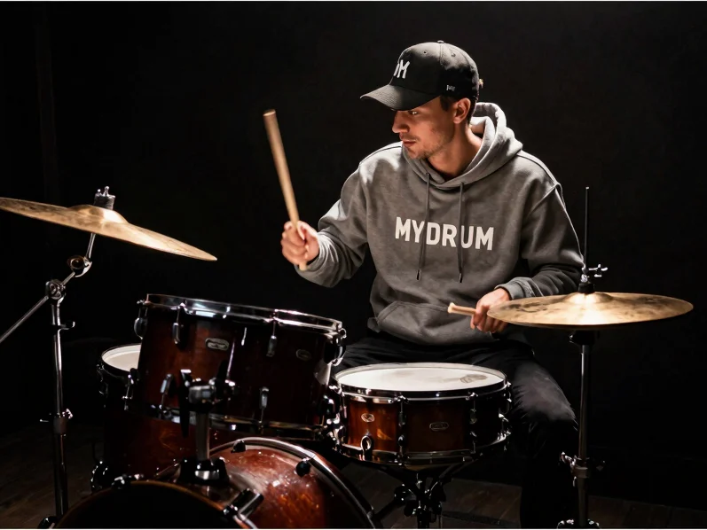 Medium shot of a drummer wearing MYDRUM branded hoodie and cap, p