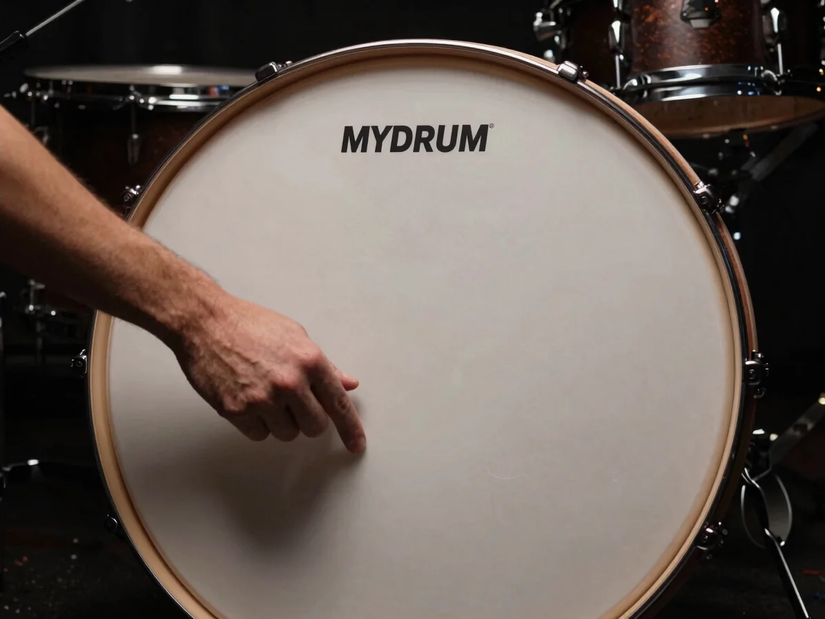 Close-up of a custom MYDRUM drumhead with a drummer's hand adjust