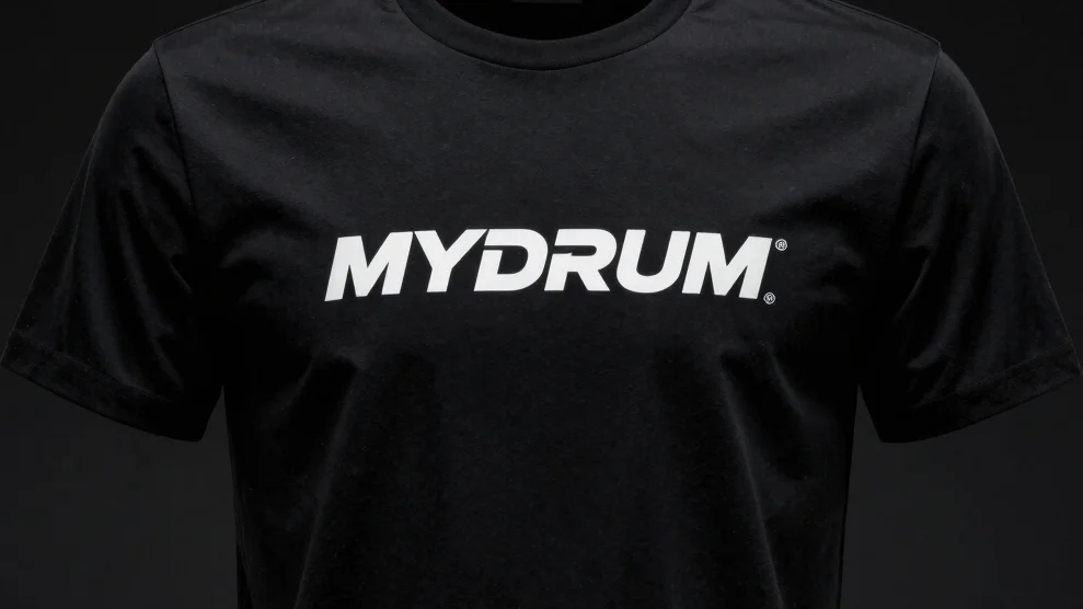 High-contrast product shot of a black MYDRUM branded t-shirt, moo
